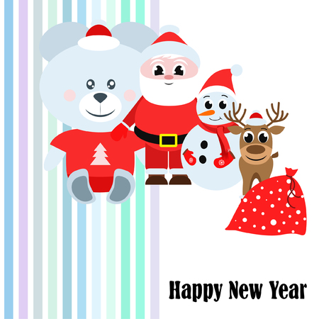 Christmas card, Santa snowman deer bear bag, vector backgroundのイラスト素材