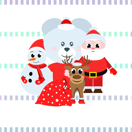 Christmas card, Santa snowman deer bear bag, vector backgroundのイラスト素材