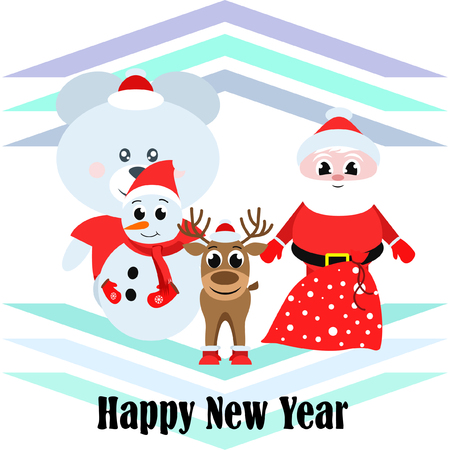 Christmas card, Santa snowman deer bear bag, vector backgroundのイラスト素材