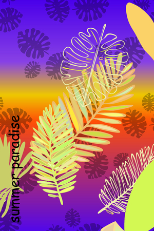 Leaves of tropical plants. Color summer postcard, summer vacation. Vector background.のイラスト素材