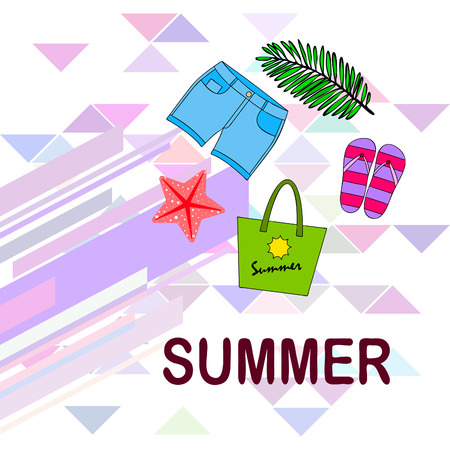 Summer vacation. Beach bag, slippers, shorts, starfish, tropical sheet. Vector backgroundのイラスト素材