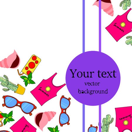 Summer card with cactus, sunglasses, seashell, cocktail, T-shirt. Vector background.のイラスト素材