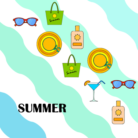 Beach vacation. Sunglasses, hat, beach bag, cocktail, sunscreen. Vector background.のイラスト素材