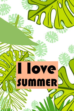 Leaves of tropical plants. Color summer postcard, summer vacation. Vector background.のイラスト素材