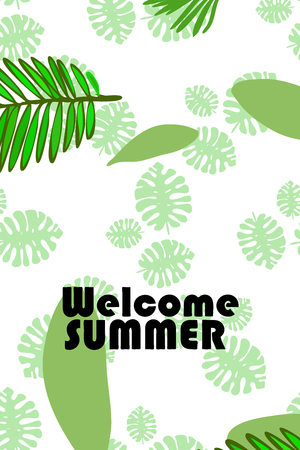 Leaves of tropical plants. Color summer postcard, summer vacation. Vector background.のイラスト素材