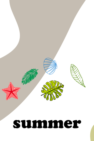 Summer rest. Starfish, seashell, leaves of tropical plants. Vector background