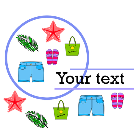 Summer vacation. Beach bag, slippers, shorts, starfish, tropical sheet. Vector backgroundのイラスト素材
