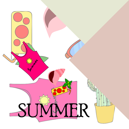 Summer card with cactus, sunglasses, seashell, cocktail, T-shirt. Vector background.のイラスト素材