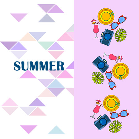Summer postcard design. Sunglasses, camera, cocktail, leaf of a tropical plant, hat. Vector backgroundのイラスト素材