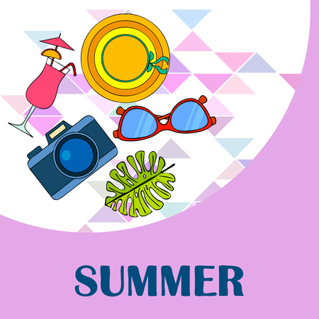 Summer postcard design. Sunglasses, camera, cocktail, leaf of a tropical plant, hat. Vector...