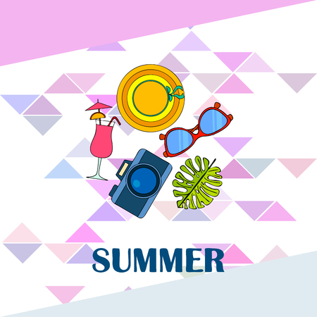 Summer postcard design. Sunglasses, camera, cocktail, leaf of a tropical plant, hat. Vector...