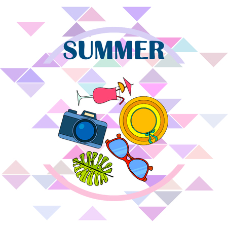 Summer postcard design. Sunglasses, camera, cocktail, leaf of a tropical plant, hat. Vector backgroundのイラスト素材
