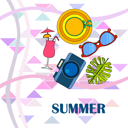 Summer postcard design. Sunglasses, camera, cocktail, leaf of a tropical plant, hat. Vector backgroundのイラスト素材
