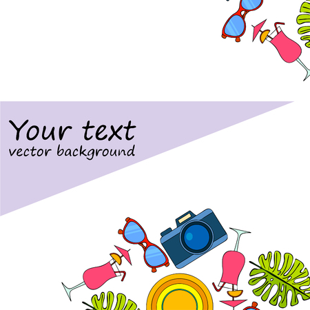 Summer postcard design. Sunglasses, camera, cocktail, leaf of a tropical plant, hat. Vector backgroundのイラスト素材