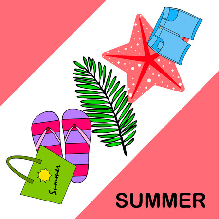 Summer vacation. Beach bag, slippers, shorts, starfish, tropical sheet. Vector background