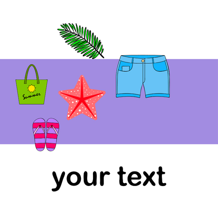 Summer vacation. Beach bag, slippers, shorts, starfish, tropical sheet. Vector backgroundのイラスト素材