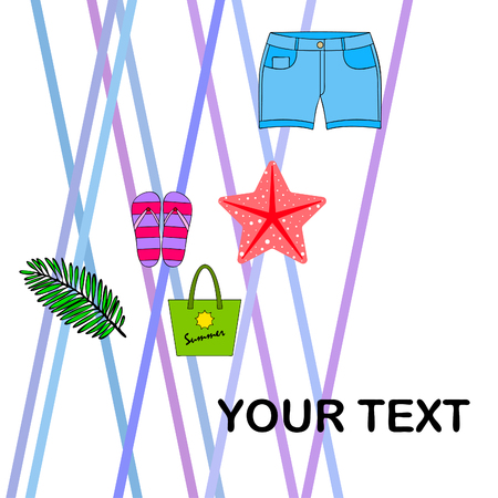 Summer vacation. Beach bag, slippers, shorts, starfish, tropical sheet. Vector backgroundのイラスト素材