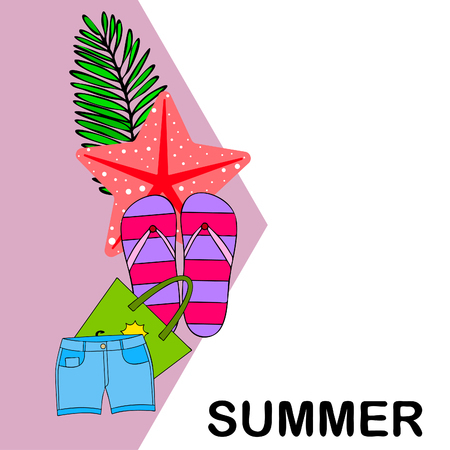 Summer vacation. Beach bag, slippers, shorts, starfish, tropical sheet. Vector backgroundのイラスト素材