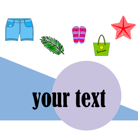 Summer vacation. Beach bag, slippers, shorts, starfish, tropical sheet. Vector backgroundのイラスト素材