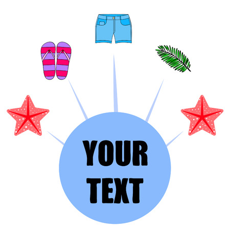 Summer vacation. Beach bag, slippers, shorts, starfish, tropical sheet. Vector backgroundのイラスト素材