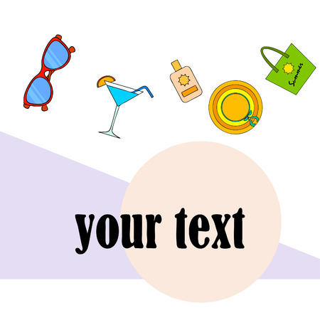 Beach vacation. Sunglasses, hat, beach bag, cocktail, sunscreen. Vector background.のイラスト素材