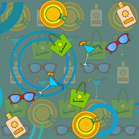 Beach vacation. Sunglasses, hat, beach bag, cocktail, sunscreen. Vector background.のイラスト素材