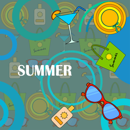 Beach vacation. Sunglasses, hat, beach bag, cocktail, sunscreen. Vector background.のイラスト素材