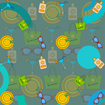 Beach vacation. Sunglasses, hat, beach bag, cocktail, sunscreen. Vector background.のイラスト素材