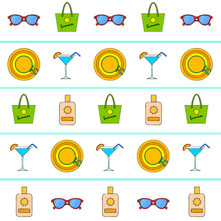 Beach vacation. Sunglasses, hat, beach bag, cocktail, sunscreen. Vector background.のイラスト素材