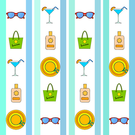Beach vacation. Sunglasses, hat, beach bag, cocktail, sunscreen. Vector background.のイラスト素材