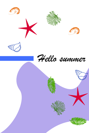 Summer rest. Starfish, seashell, leaves of tropical plants. Vector backgroundのイラスト素材