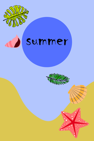Summer rest. Starfish, seashell, leaves of tropical plants. Vector backgroundのイラスト素材