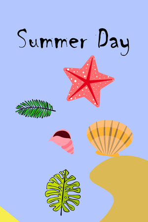 Summer rest. Starfish, seashell, leaves of tropical plants. Vector backgroundのイラスト素材