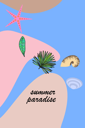 Summer rest. Starfish, seashell, leaves of tropical plants. Vector backgroundのイラスト素材