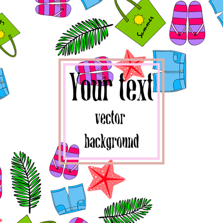 Summer vacation. Beach bag, slippers, shorts, starfish, tropical sheet. Vector backgroundのイラスト素材