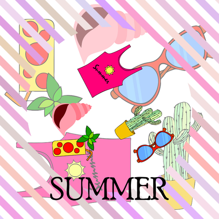 Summer card with cactus, sunglasses, seashell, cocktail, T-shirt. Vector background.