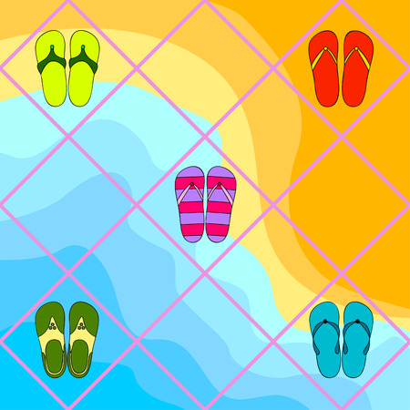 Vector set with cute and colorful summer slippers. Beach vacation. Vector background.のイラスト素材