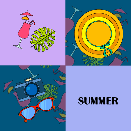 Summer postcard design. Sunglasses, camera, cocktail, leaf of a tropical plant, hat. Vector backgroundのイラスト素材