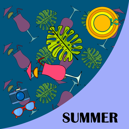 Summer postcard design. Sunglasses, camera, cocktail, leaf of a tropical plant, hat. Vector backgroundのイラスト素材