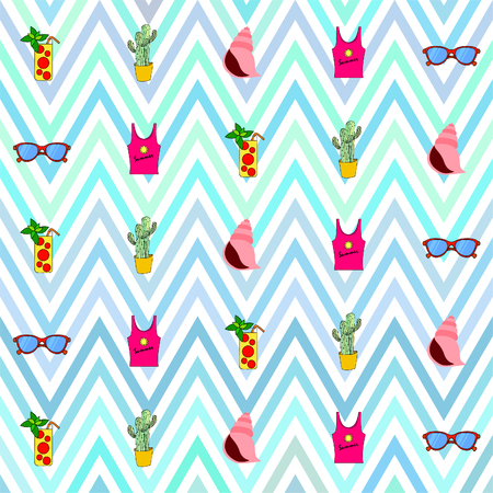 Summer card with cactus, sunglasses, seashell, cocktail, T-shirt. Vector background.