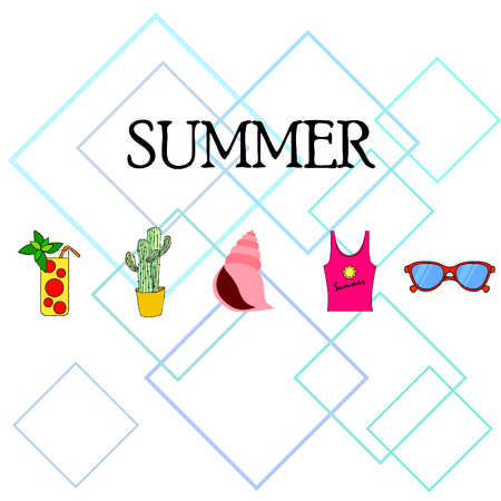 Summer card with cactus, sunglasses, seashell, cocktail, T-shirt. Vector background.のイラスト素材