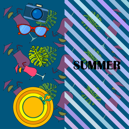 Summer postcard design. Sunglasses, camera, cocktail, leaf of a tropical plant, hat. Vector backgroundのイラスト素材