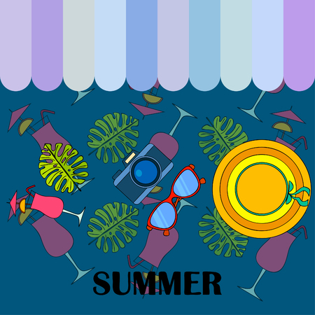 Summer postcard design. Sunglasses, camera, cocktail, leaf of a tropical plant, hat. Vector backgroundのイラスト素材