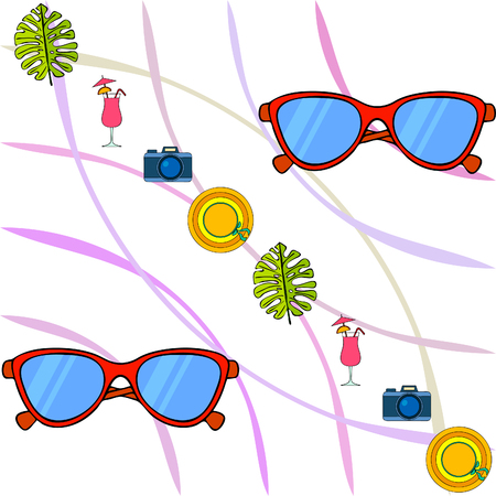 Summer postcard design. Sunglasses, camera, cocktail, leaf of a tropical plant, hat. Vector backgroundのイラスト素材