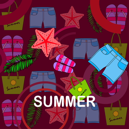 Summer vacation. Beach bag, slippers, shorts, starfish, tropical sheet. Vector backgroundのイラスト素材