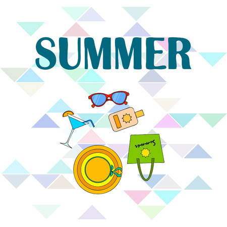 Beach vacation. Sunglasses, hat, beach bag, cocktail, sunscreen. Vector background.のイラスト素材
