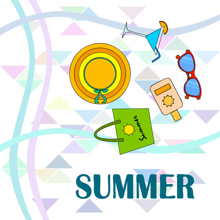 Beach vacation. Sunglasses, hat, beach bag, cocktail, sunscreen. Vector background.のイラスト素材