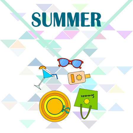Beach vacation. Sunglasses, hat, beach bag, cocktail, sunscreen. Vector background.のイラスト素材