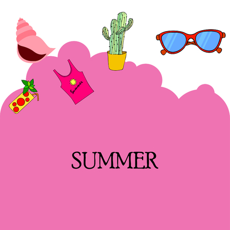 Summer card with cactus, sunglasses, seashell, cocktail, T-shirt. Vector background.のイラスト素材