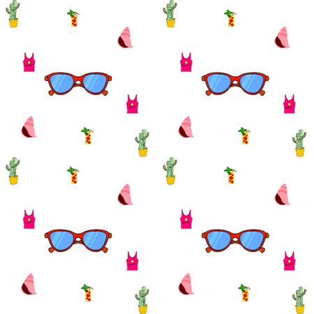 Summer card with cactus, sunglasses, seashell, cocktail, T-shirt. Vector background.のイラスト素材